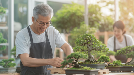 group of Asian individuals, smiling and working together on carefully crafting bonsai trees. The setting should be a serene, light-filled workshop, with rows of small, meticulously