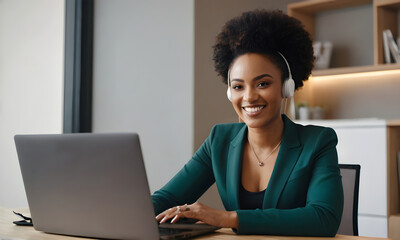 Young businesswoman wearing headset smiling while working on laptop in office