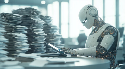 sleek, futuristic robot sitting at a desk surrounded by stacks of bankruptcy paperwork. The robot is using a digital interface or touchscreen to review and sort the documents, show