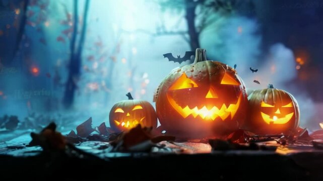 An enchanting Halloween scene with a plethora of eerie pumpkins set against a mysterious forest backdrop