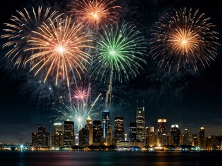 Stunning holiday fireworks lighting up the night sky over a city skyline.
