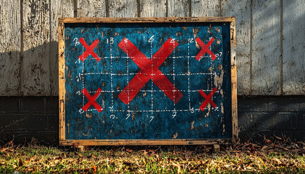 A football strategy board featuring grid with Xs and Os, showcasing tactical planning for game. vibrant colors and rustic background add unique charm to this sports related image - Powered by Adobe
