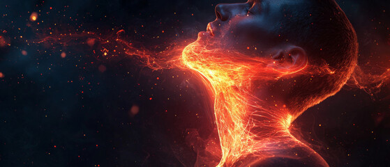 A symbolic portrayal of throat pain, depicted through vibrant, fiery visuals emanating from neck area, creating striking contrast against dark background. image evokes sense of intensity and emotion