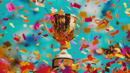 A gold cup is filled with confetti and is surrounded by colorful paper