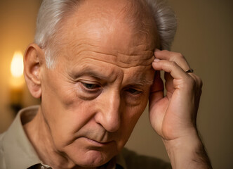 Senior man suffering from a headache or migraine touching his head