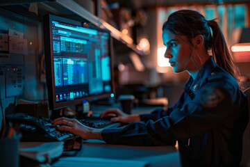 Security officer works on computer in police monitoring center with CCTV cameras Monitoring Room. Diverse employees work in security control center