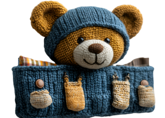a stuffed bear in a blue hat. 