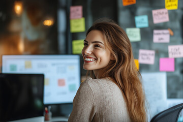 Workplace with stickers, joyful woman at work in the office