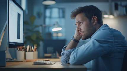 Sad man in front of a computer. Tough work task.