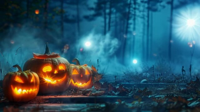 An enchanting Halloween scene with a plethora of eerie pumpkins set against a mysterious forest backdrop