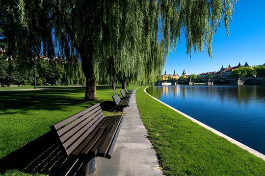 A quiet morning at the Kampa Island park, with its weeping willows and views of Charles Bridge in the distance