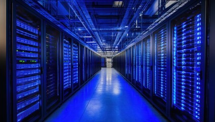 Modern server room with rows of high-end supercomputer servers, illuminated by blue lights and surrounded by black cabinets containing large server racks filled with computers Generative AI
