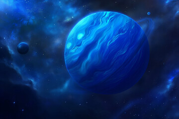 A spectacular AI-generated digital painting of Neptune, depicted as a stunning blue planet in deep...