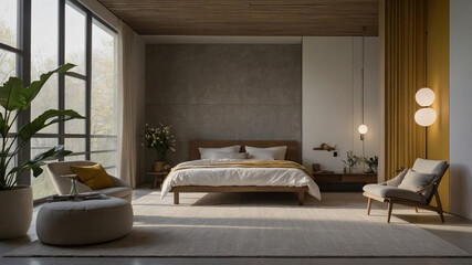 A modern and luxurious bedroom with elegant furniture and cozy living room features, blending interior design elements like a comfortable bed, sofa, and stylish decor in a spacious home-2