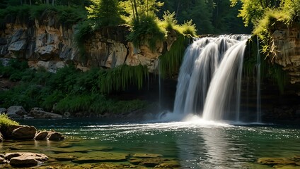 Sunlit Bigar waterfall in Serbia during summer, surrounded by mossy rocks.