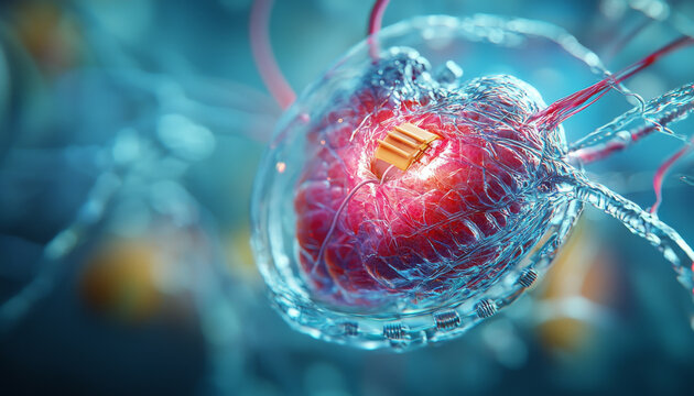 A close up view of 3D illustration of pacemaker within heart, showcasing intricate details and vibrant colors