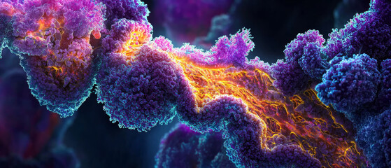 Fototapeta premium Microscopic 3D view of lung tissue affected by disease, showcasing vibrant colors and intricate details