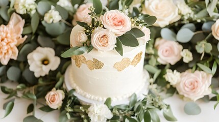 A classic white birthday cake adorned with gold leaf and fresh roses, set amidst a lush floral garland of greenery and blush pink flowers