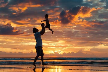 Fototapeta premium A man and a child are standing in the ocean, generative ai image