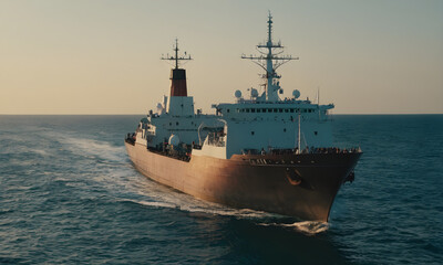 Military vessel returning to port at sunset after mission