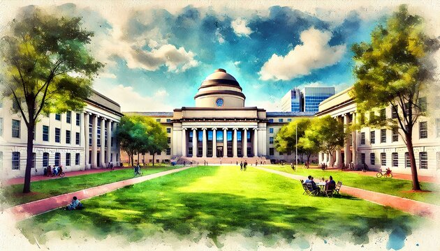 A watercolor painting of MIT, featuring the Great Dome, green lawns, trees, and a lively campus atmosphere.