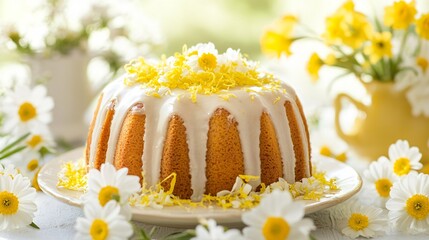 A lemon cake topped with a glaze and fresh lemon zest, surrounded by an arrangement of yellow and white daisies and daffodils