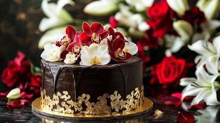 Naklejka premium A luxurious chocolate birthday cake with gold accents, topped with edible orchids, set against a background of red roses and white lilies