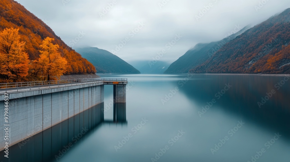 Sticker A tranquil hydroelectric dam nestled amidst a breathtaking mountain landscape. The dam's structure blends seamlessly with the natural surroundings, showcasing the harmony between human engineering and