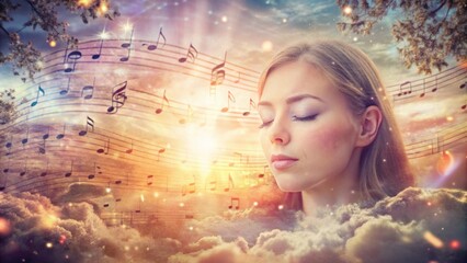 Fototapeta premium A woman with her eyes closed surrounded by music notes and a colorful sky.