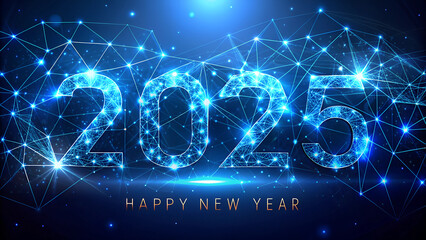 Obraz premium Abstract 2025 Happy New Year digital web banner template in futuristic glowing polygonal style on dark blue background