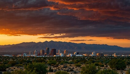Naklejka premium Sunset paints the skyline of Albuquerque, New Mexico.