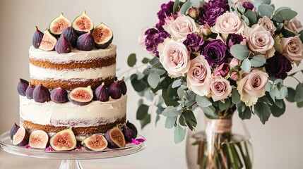 A naked cake adorned with fresh figs and edible rose petals, set next to a bouquet of roses and eucalyptus in a clear glass vase