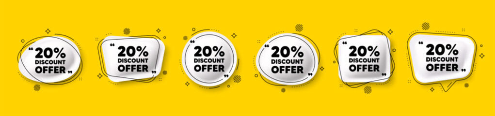 20 percent discount tag. Speech bubble 3d icons set. Sale offer price sign. Special offer symbol. Discount chat talk message. Speech bubble banners with comma. Text balloons. Vector