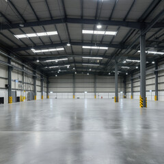 A vast, well-lit empty warehouse with polished concrete floors and high ceilings. The open space is clean and industrial, with no furniture or people, creating a minimalist feel.