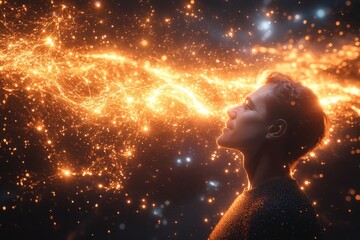 Obraz premium Womans profile dissolving into a stream of light and particles symbolizing consciousness imagination and transcendence in an ethereal representation of mind and energy
