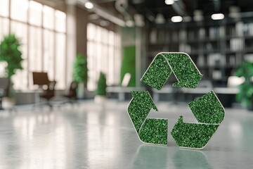 Green recycle symbol icon sign with professional environment background, recycling or sorting of waste at office.