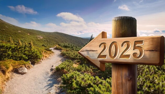A 2025 sign with an arrow pointing down a path to the future. A fun new year adventure motivation concept.