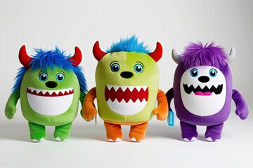 Fototapeta premium Set of 3 Adorable Plush Monster Toys Isolated on White Background