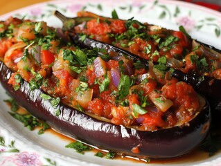 İmam Bayıldı. (A Imam Bayildi). The most popular Turkish dishes. Stuffed eggplant with onions, garlic, tomatoes, and herbs