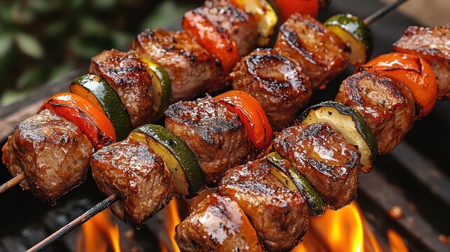 Grilled vegetable skewer, grilled meat with vegetable on a grill.