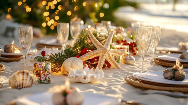 Beautifully decorated christmas dinner table on a beach with sparkling lights, starfish, seashells, and flickering candles, creating a festive and magical ambiance for a holiday celebration