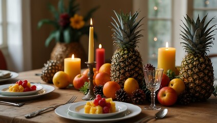 Table set for a festive autumn party with candles, fruits, and pineapples.