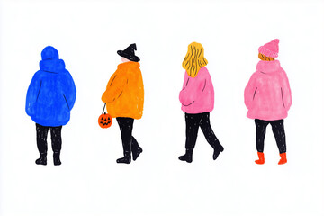 Four individuals stroll outdoors in vibrant winter attire, with one person donning a witch hat and carrying a pumpkin bucket
