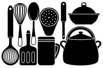 set of kitchen utensils vector silhouette icons 