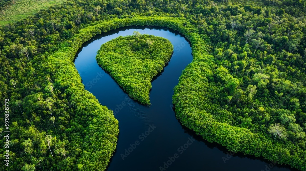 Wall mural An aerial view of a winding river flowing through a dense, green rainforest. The river's path creates a unique shape, resembling a heart or a loop, amidst the vibrant foliage. The image captures the b