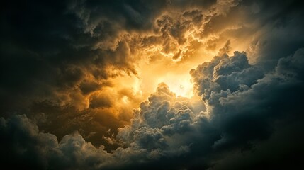 Dramatic Cloudscape with Stormy Sunlight Breaking Through the Dark Skies