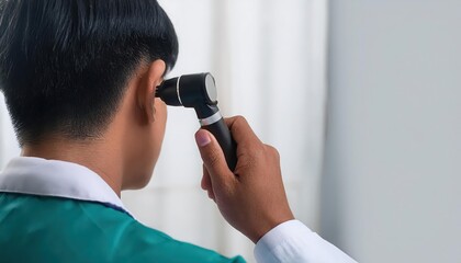 Doctor examining a patient's ear with an otoscope.