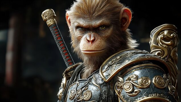 Anthropomorphic monkey king in armor with weapons on a black background