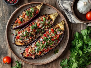 İmam Bayıldı. (A Imam Bayildi). The most popular Turkish dishes. Stuffed eggplant with onions, garlic, tomatoes, and herbs