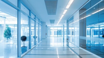 Obraz premium A large, empty, and very clean lobby with a lot of windows